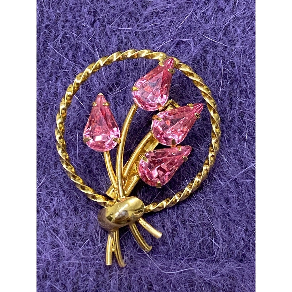 Flower Bouquet Pin Brooch Pink Tulip Rhinestones Gold Tone Metal 1"1/2 H x 1"1/3